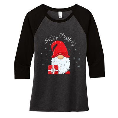 Santa Claus Garden Gnome Merry Christmas Women's Tri-Blend 3/4-Sleeve Raglan Shirt