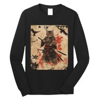 Samurai Cat Graphic Warrior Vintage Japanese Art Anime Long Sleeve Shirt