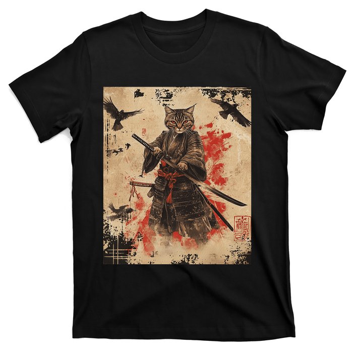 Samurai Cat Graphic Warrior Vintage Japanese Art Anime T-Shirt