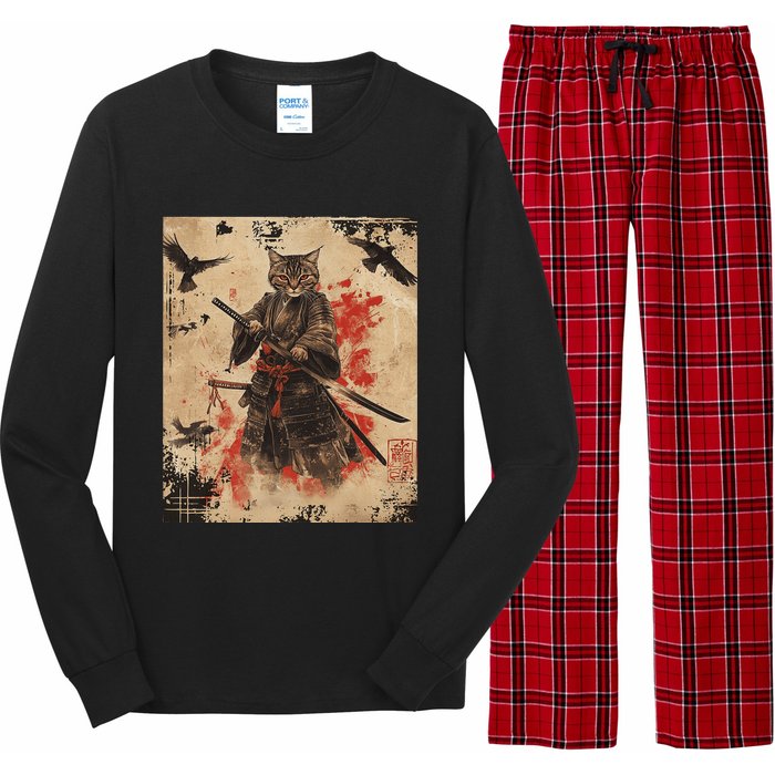 Samurai Cat Graphic Warrior Vintage Japanese Art Anime Long Sleeve Pajama Set