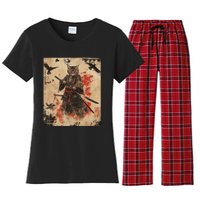 Samurai Cat Graphic Warrior Vintage Japanese Art Anime Women's Flannel Pajama Set