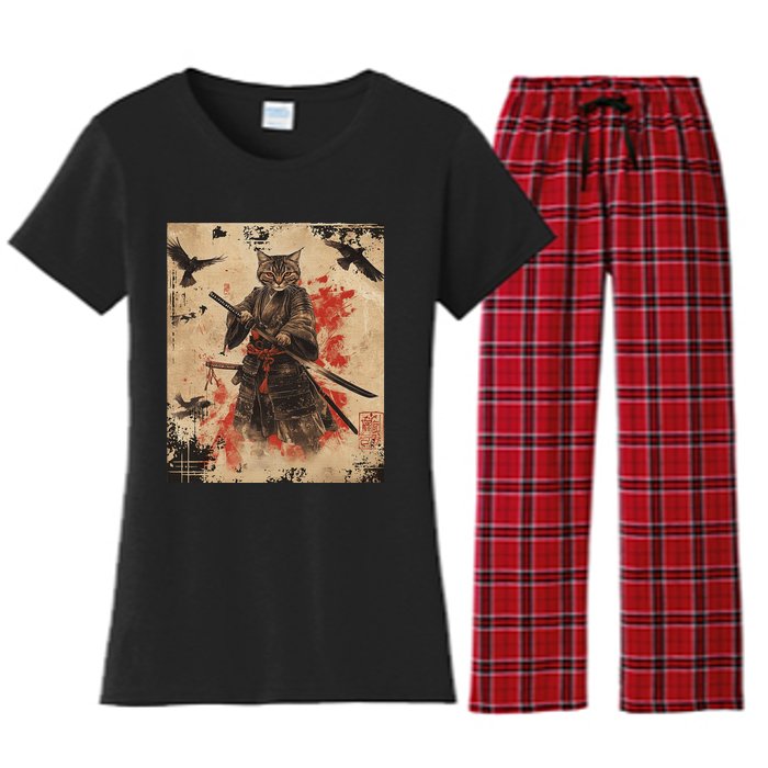 Samurai Cat Graphic Warrior Vintage Japanese Art Anime Women's Flannel Pajama Set