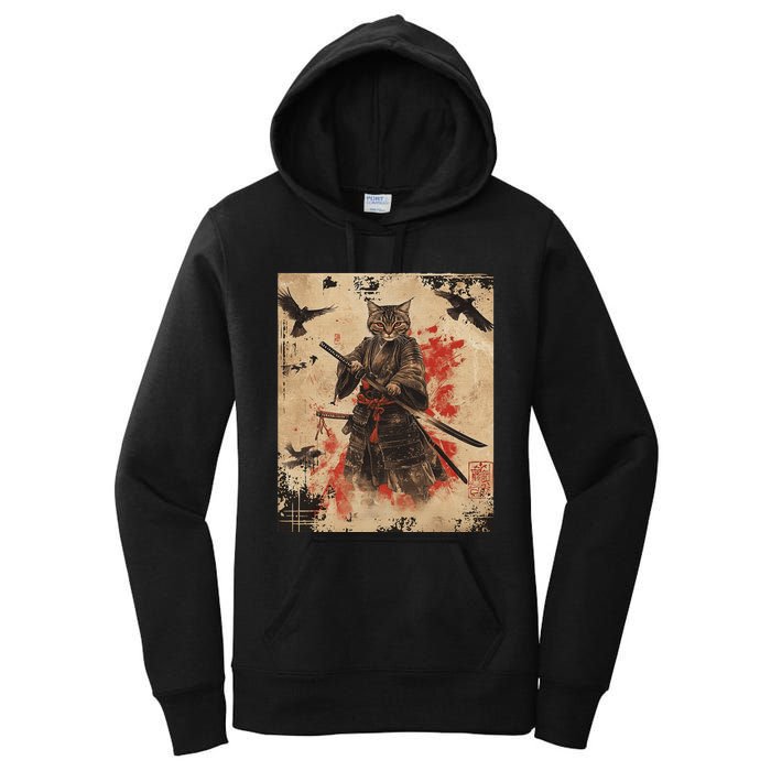 Samurai Cat Graphic Warrior Vintage Japanese Art Anime Women's Pullover Hoodie