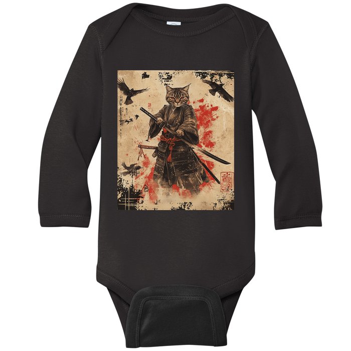 Samurai Cat Graphic Warrior Vintage Japanese Art Anime Baby Long Sleeve Bodysuit