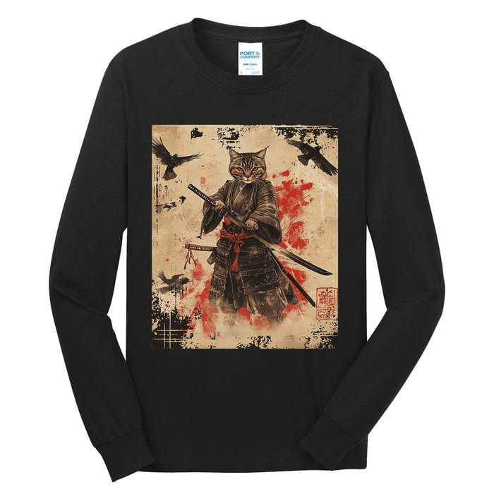 Samurai Cat Graphic Warrior Vintage Japanese Art Anime Tall Long Sleeve T-Shirt