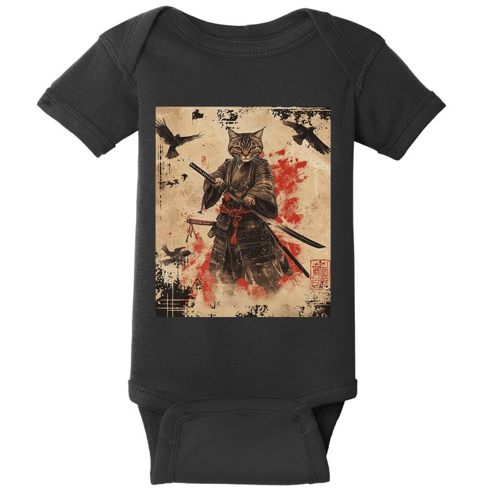 Samurai Cat Graphic Warrior Vintage Japanese Art Anime Baby Bodysuit