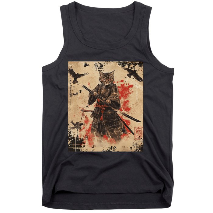 Samurai Cat Graphic Warrior Vintage Japanese Art Anime Tank Top