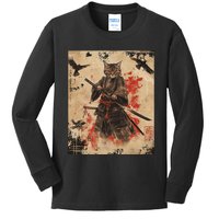 Samurai Cat Graphic Warrior Vintage Japanese Art Anime Kids Long Sleeve Shirt