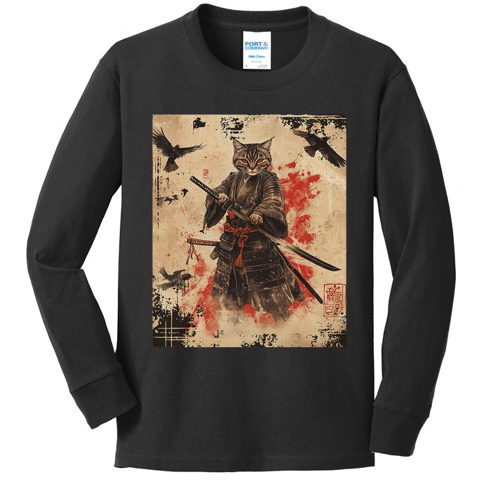 Samurai Cat Graphic Warrior Vintage Japanese Art Anime Kids Long Sleeve Shirt