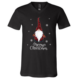 Santa Claus Garden Gnome Merry Christmas Buffalo Plaid V-Neck T-Shirt