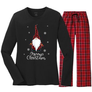 Santa Claus Garden Gnome Merry Christmas Buffalo Plaid Women's Long Sleeve Flannel Pajama Set 