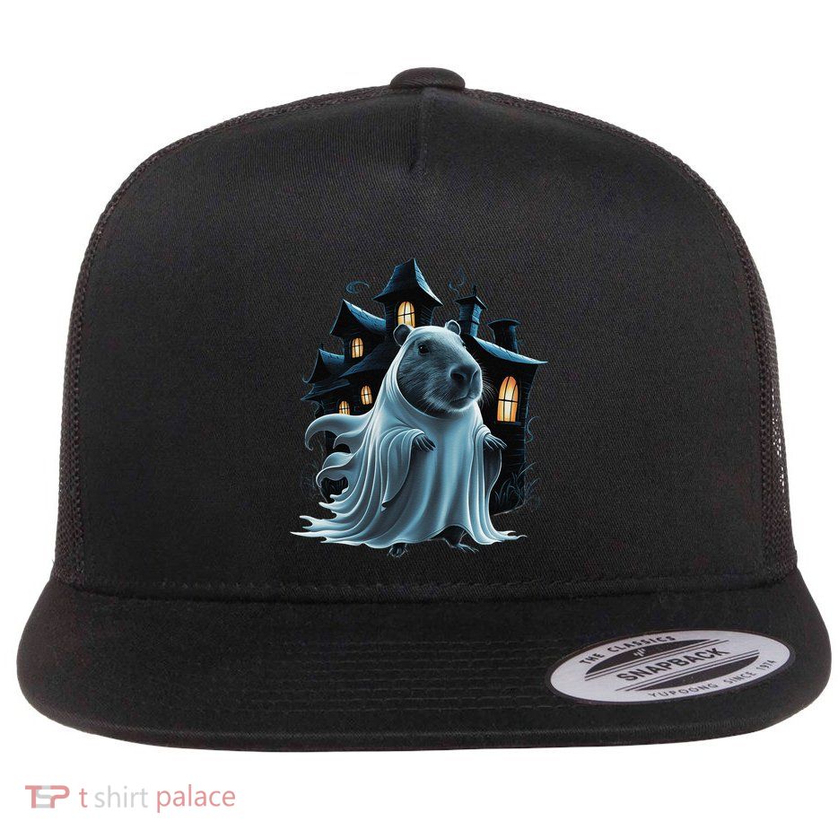 Spooky Capybara Ghost Haunted Halloween House Phantom Flat Bill Trucker Hat