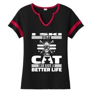 Skiing Cat Gift Winter Sports Ski Skier Gift Ladies Halftime Notch Neck Tee