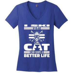 Skiing Cat Gift Winter Sports Ski Skier Gift Women's V-Neck T-Shirt