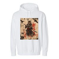 Samurai Cat Graphic Warrior Vintage Japanese Art Anime Garment-Dyed Fleece Hoodie