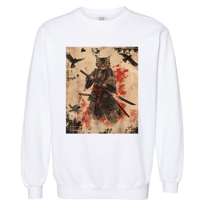 Samurai Cat Graphic Warrior Vintage Japanese Art Anime Garment-Dyed Sweatshirt