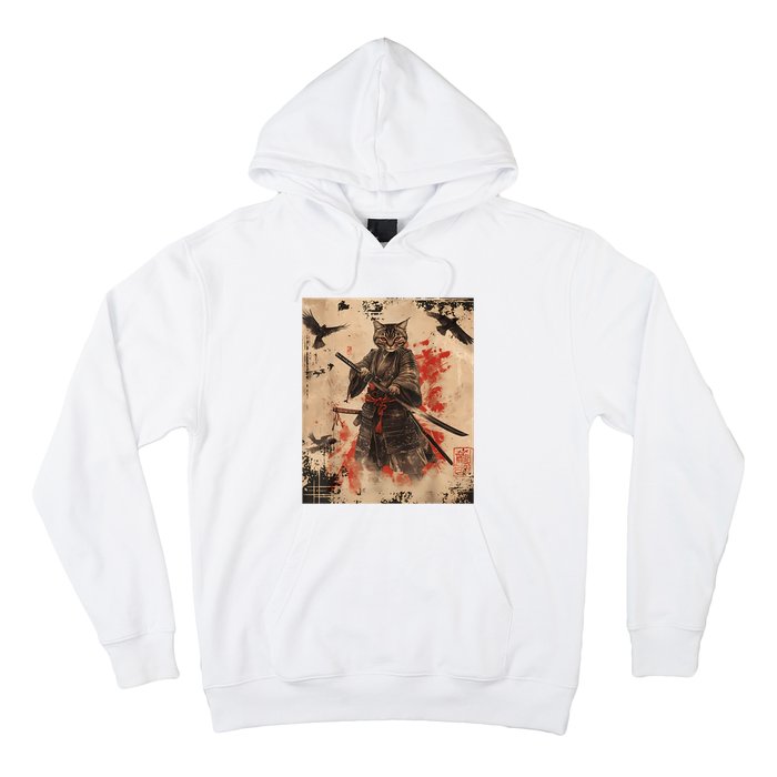 Samurai Cat Graphic Warrior Vintage Japanese Art Anime Hoodie