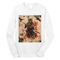 Samurai Cat Graphic Warrior Vintage Japanese Art Anime Long Sleeve Shirt