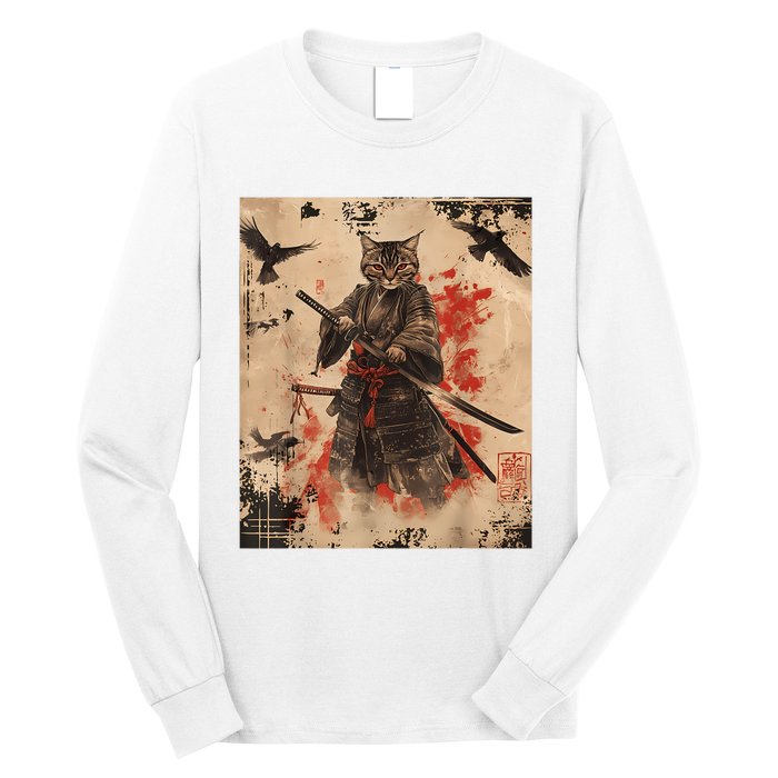 Samurai Cat Graphic Warrior Vintage Japanese Art Anime Long Sleeve Shirt