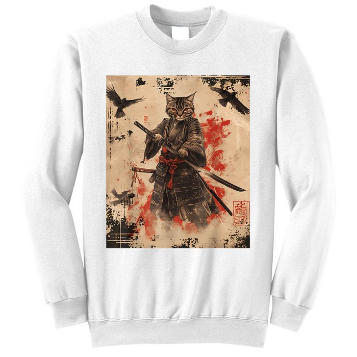 Samurai Cat Graphic Warrior Vintage Japanese Art Anime Sweatshirt