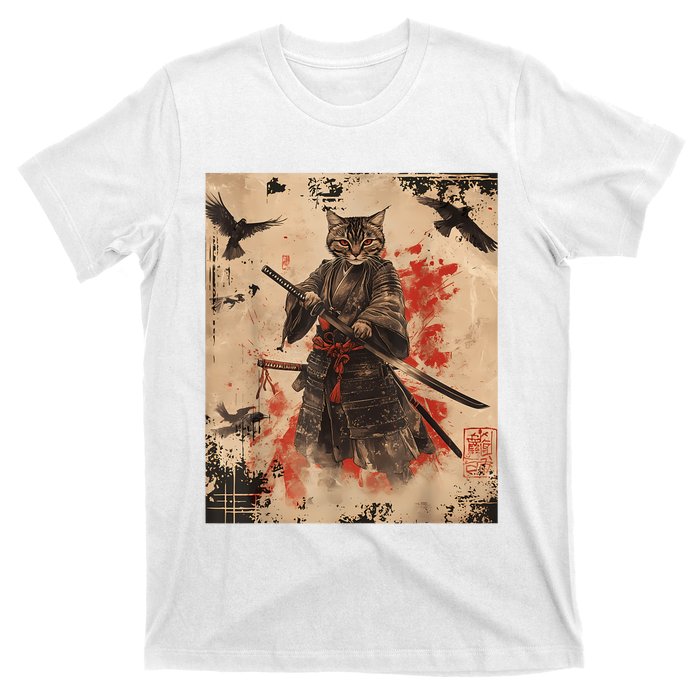 Samurai Cat Graphic Warrior Vintage Japanese Art Anime T-Shirt