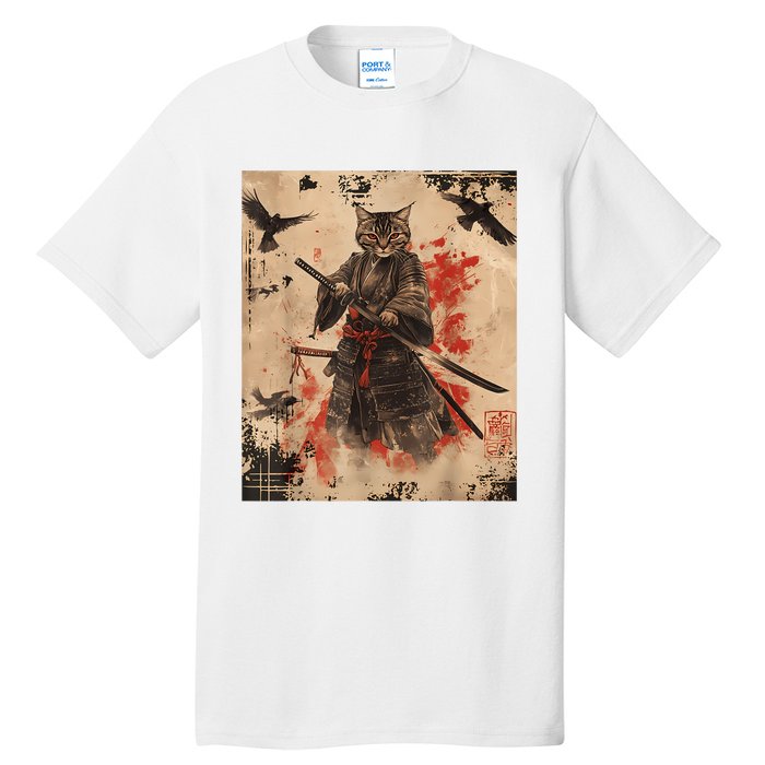 Samurai Cat Graphic Warrior Vintage Japanese Art Anime Tall T-Shirt