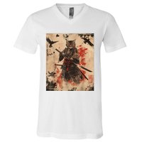 Samurai Cat Graphic Warrior Vintage Japanese Art Anime V-Neck T-Shirt