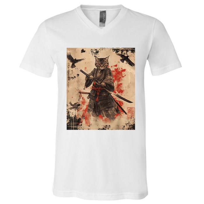 Samurai Cat Graphic Warrior Vintage Japanese Art Anime V-Neck T-Shirt