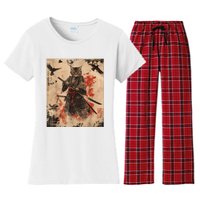 Samurai Cat Graphic Warrior Vintage Japanese Art Anime Women's Flannel Pajama Set