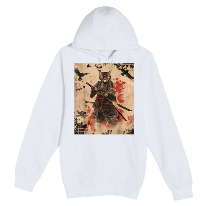 Samurai Cat Graphic Warrior Vintage Japanese Art Anime Premium Pullover Hoodie