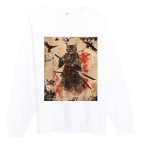 Samurai Cat Graphic Warrior Vintage Japanese Art Anime Premium Crewneck Sweatshirt