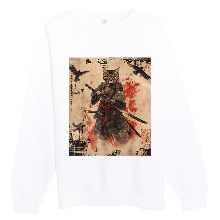 Samurai Cat Graphic Warrior Vintage Japanese Art Anime Premium Crewneck Sweatshirt