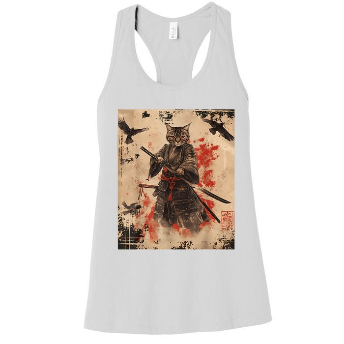 Samurai Cat Graphic Warrior Vintage Japanese Art Anime Women's Racerback Tank