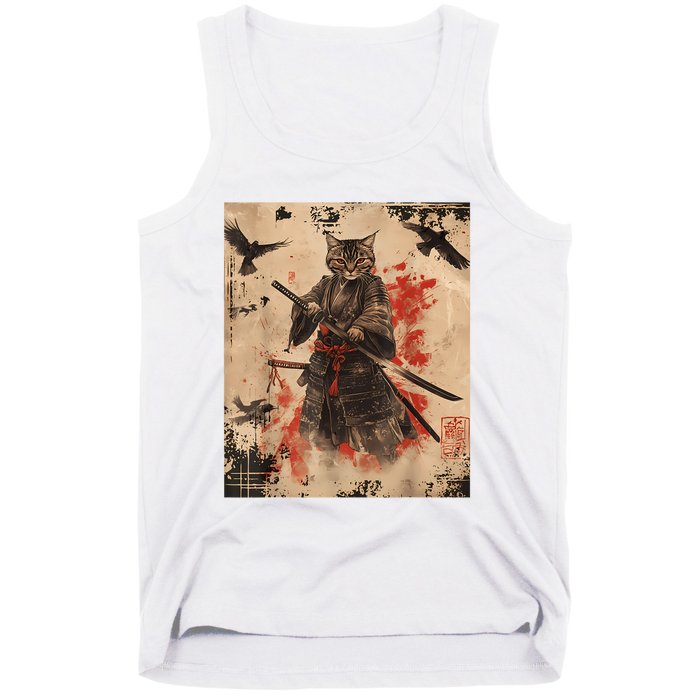 Samurai Cat Graphic Warrior Vintage Japanese Art Anime Tank Top