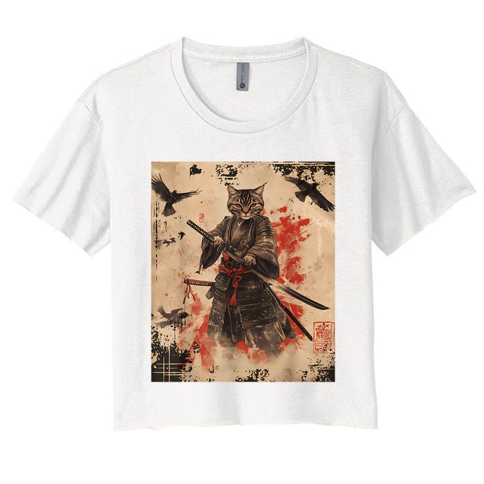 Samurai Cat Graphic Warrior Vintage Japanese Art Anime Women's Crop Top Tee