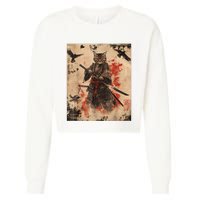 Samurai Cat Graphic Warrior Vintage Japanese Art Anime Cropped Pullover Crew