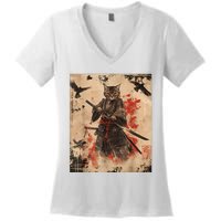 Samurai Cat Graphic Warrior Vintage Japanese Art Anime Women's V-Neck T-Shirt