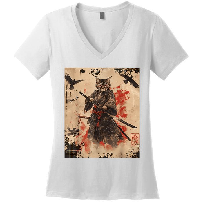 Samurai Cat Graphic Warrior Vintage Japanese Art Anime Women's V-Neck T-Shirt