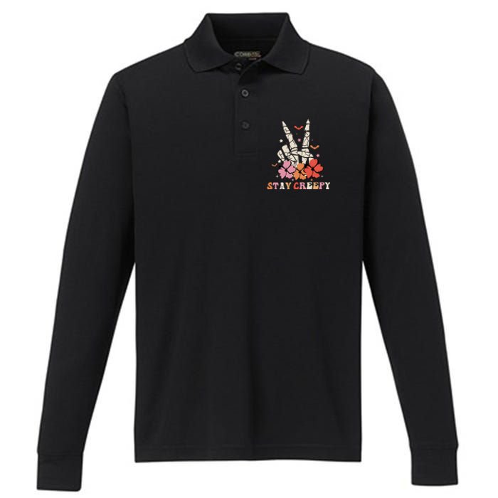 Stay Creepy Hallowen Pumpkin Skeleton Bone Hand Performance Long Sleeve Polo