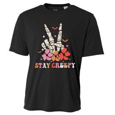 Stay Creepy Hallowen Pumpkin Skeleton Bone Hand Cooling Performance Crew T-Shirt