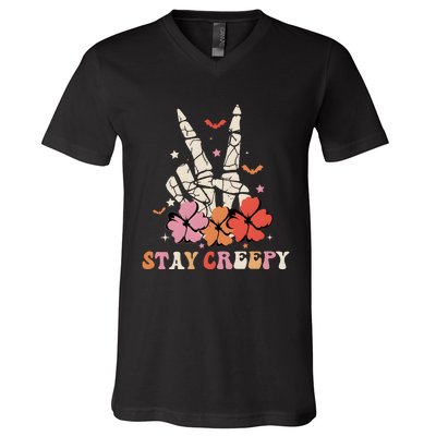 Stay Creepy Hallowen Pumpkin Skeleton Bone Hand V-Neck T-Shirt