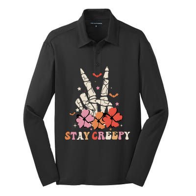 Stay Creepy Hallowen Pumpkin Skeleton Bone Hand Silk Touch Performance Long Sleeve Polo