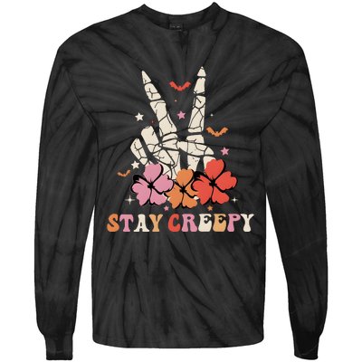 Stay Creepy Hallowen Pumpkin Skeleton Bone Hand Tie-Dye Long Sleeve Shirt