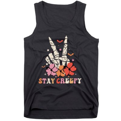 Stay Creepy Hallowen Pumpkin Skeleton Bone Hand Tank Top