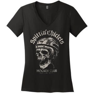 Spittin Chiclets Hockey Club Skull Women's V-Neck T-Shirt