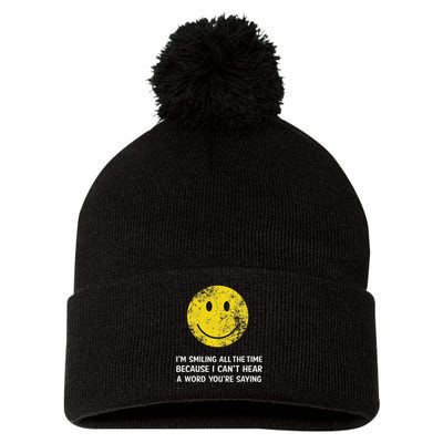 Smiling Cant Hear A Word Funny Deaf Old People Joke Pom Pom 12in Knit Beanie