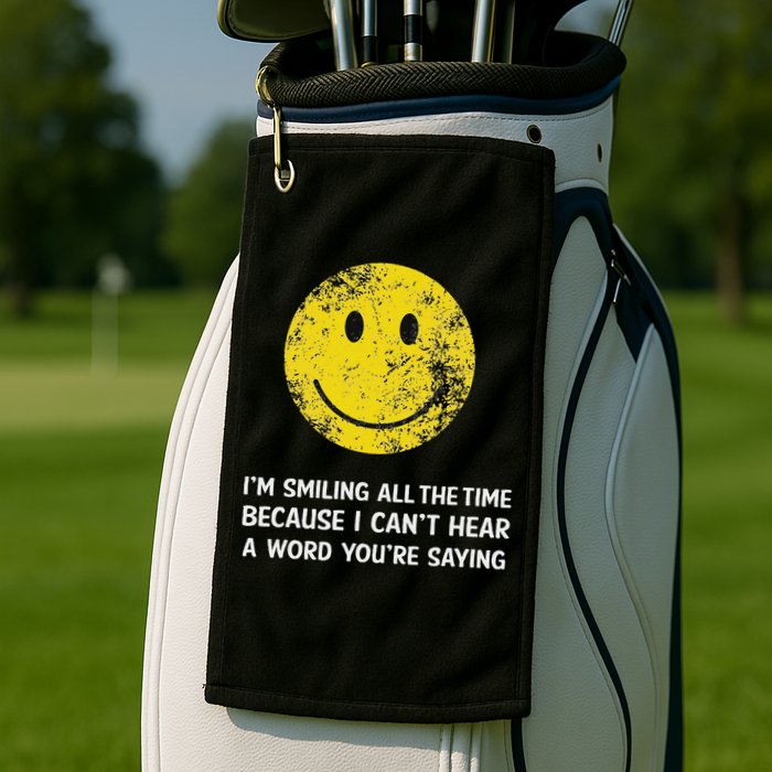 Smiling Cant Hear A Word Funny Deaf Old People Joke Golf Towel