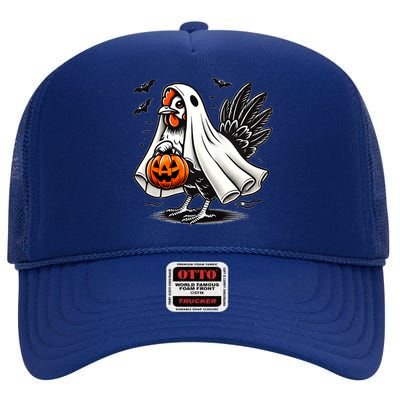 Shivering Chicken Halloween Ghost Rooster Trick Or Treat Gift High Crown Mesh Back Trucker Hat