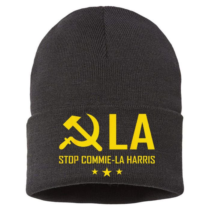 Stop Commiela Harris Stop Kamala Trump 2024 Commie La. Sustainable Knit Beanie