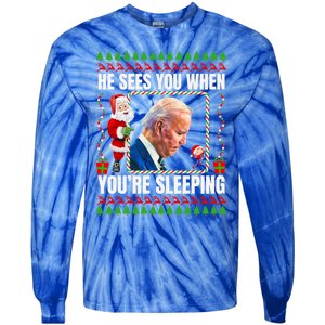 Sleepy Creepy Hidin From Joe Biden Funny Christmas Confused Gift Tie-Dye Long Sleeve Shirt